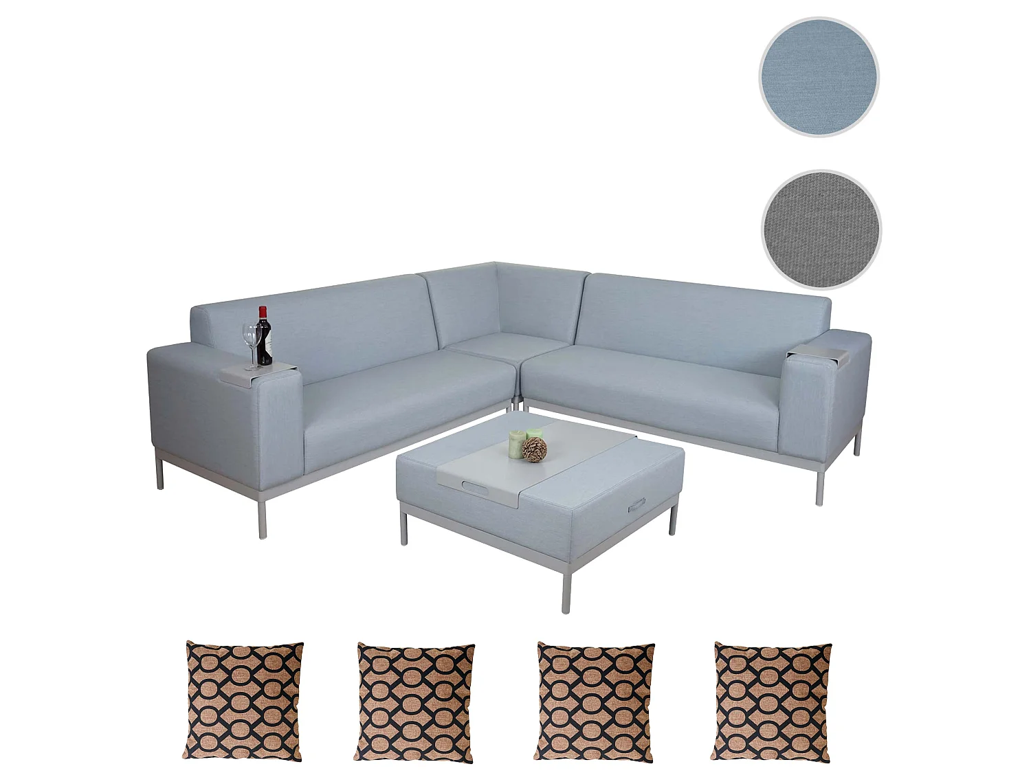 Zestaw ogrodowy z aluminium MCW-C47 (11 elementów),  niebieski z półką, poduszki brązowe