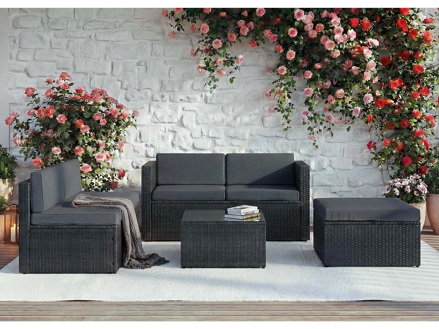 Poly-Rattan-Garnitur MCW-D24, Anthrazit, Polster dunkelgrau