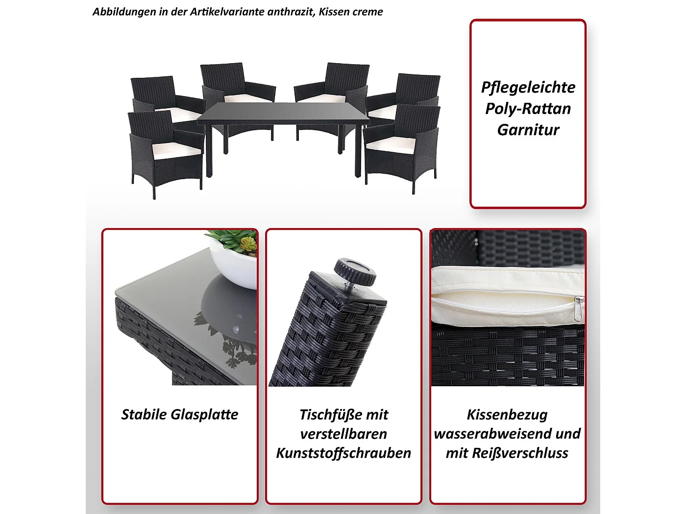 Poly-Rattan-Garnitur  Hamar (7-teilig), Braun, Kissen creme