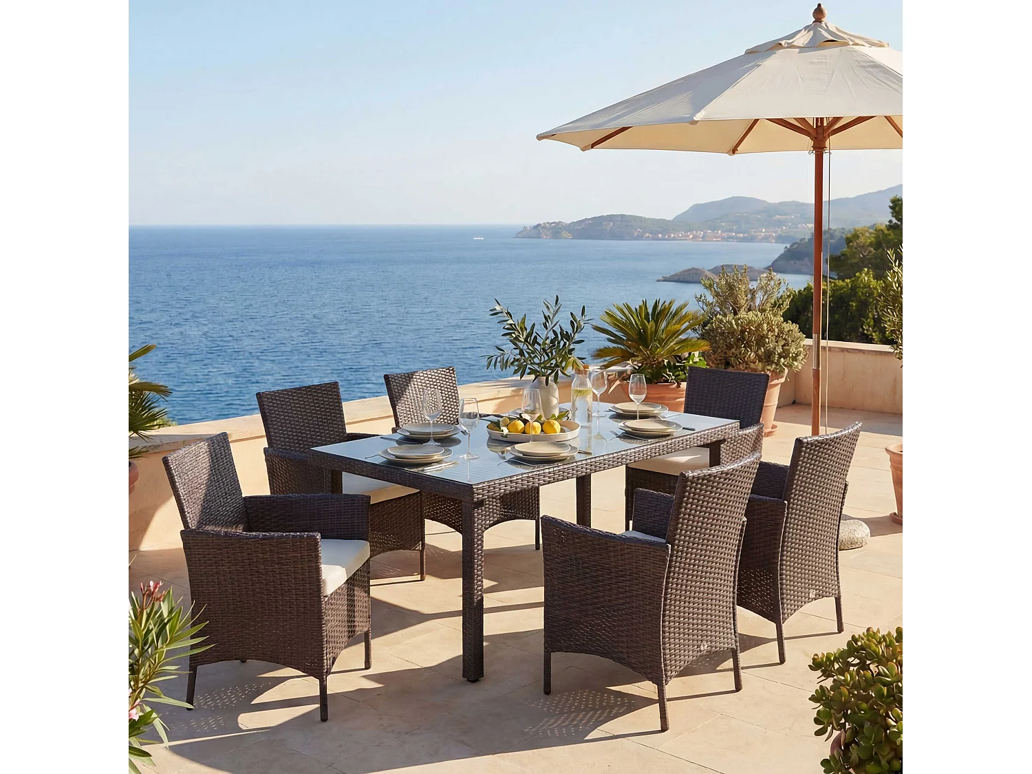 Poly-Rattan-Garnitur  Hamar (7-teilig), Braun, Kissen creme