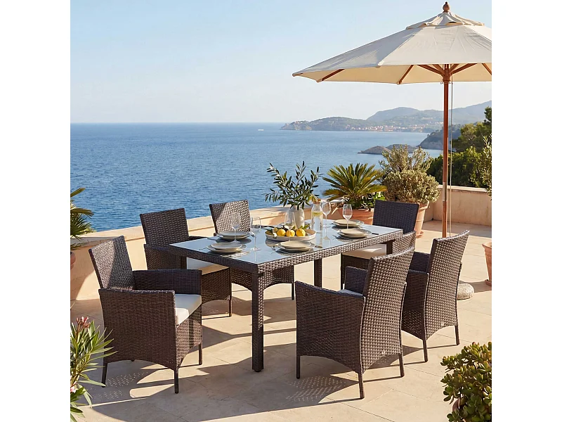 Polyrotan-set  Hamar (7-delig),  bruin, kussens crème