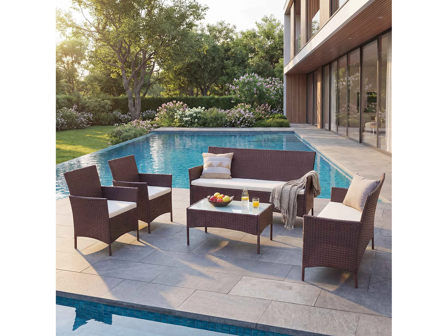 3-2-1-1 Poly-Rattan Garnitur Hamar, Braun-meliert, Kissen creme