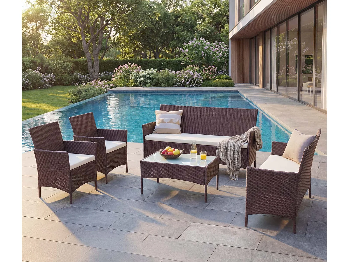 3-2-1-1 Poly-Rattan Garnitur Hamar, Braun-meliert, Kissen creme