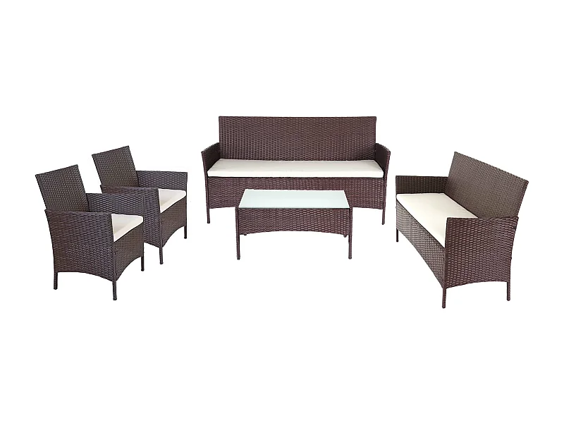 Zestaw 3-2-1-1 z polirattanu Hamar,  brązowo-motylkowy, poduszki kremowe