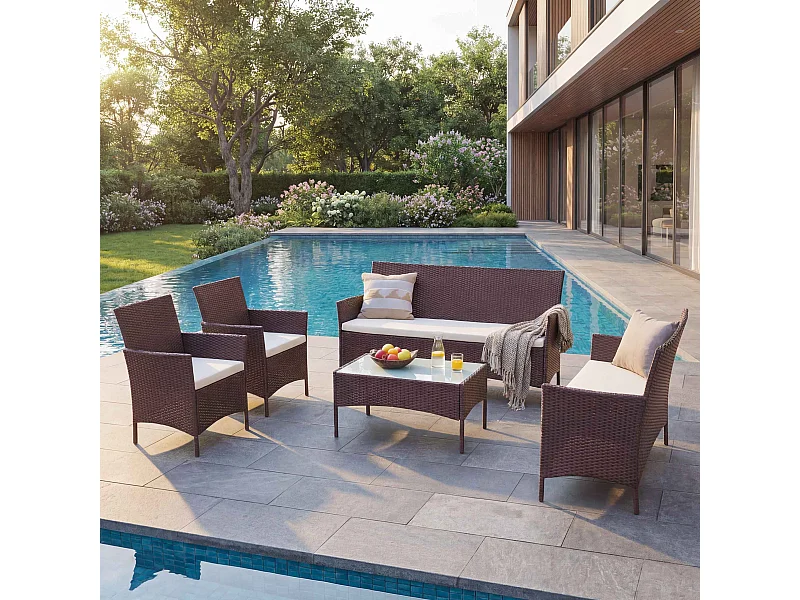 3-2-1-1 Poly-Rattan Garnitur Hamar, Braun-meliert, Kissen creme