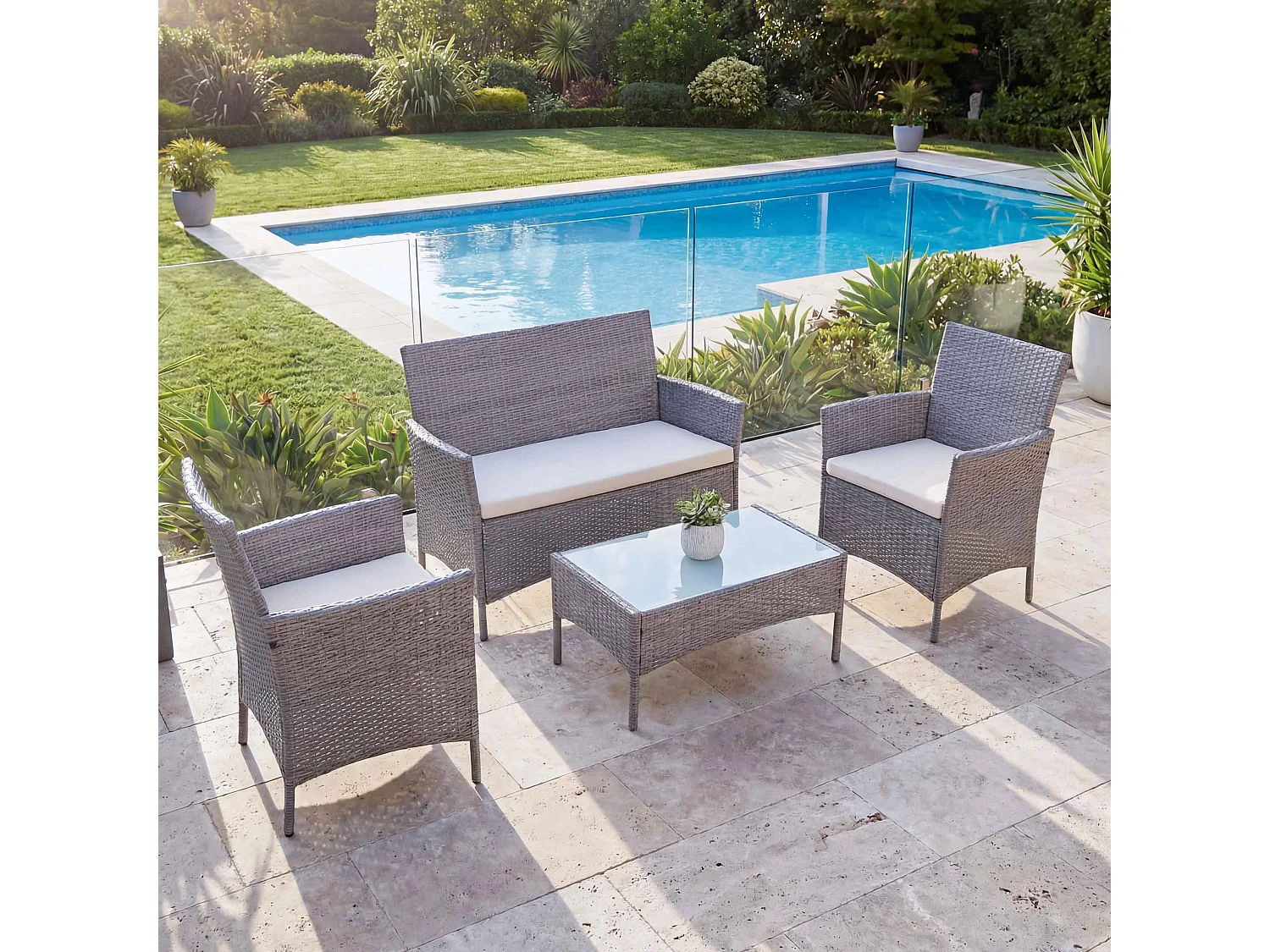 Zestaw ogrodowy Hamar (4 elementy),  szary, poduszki kremowe