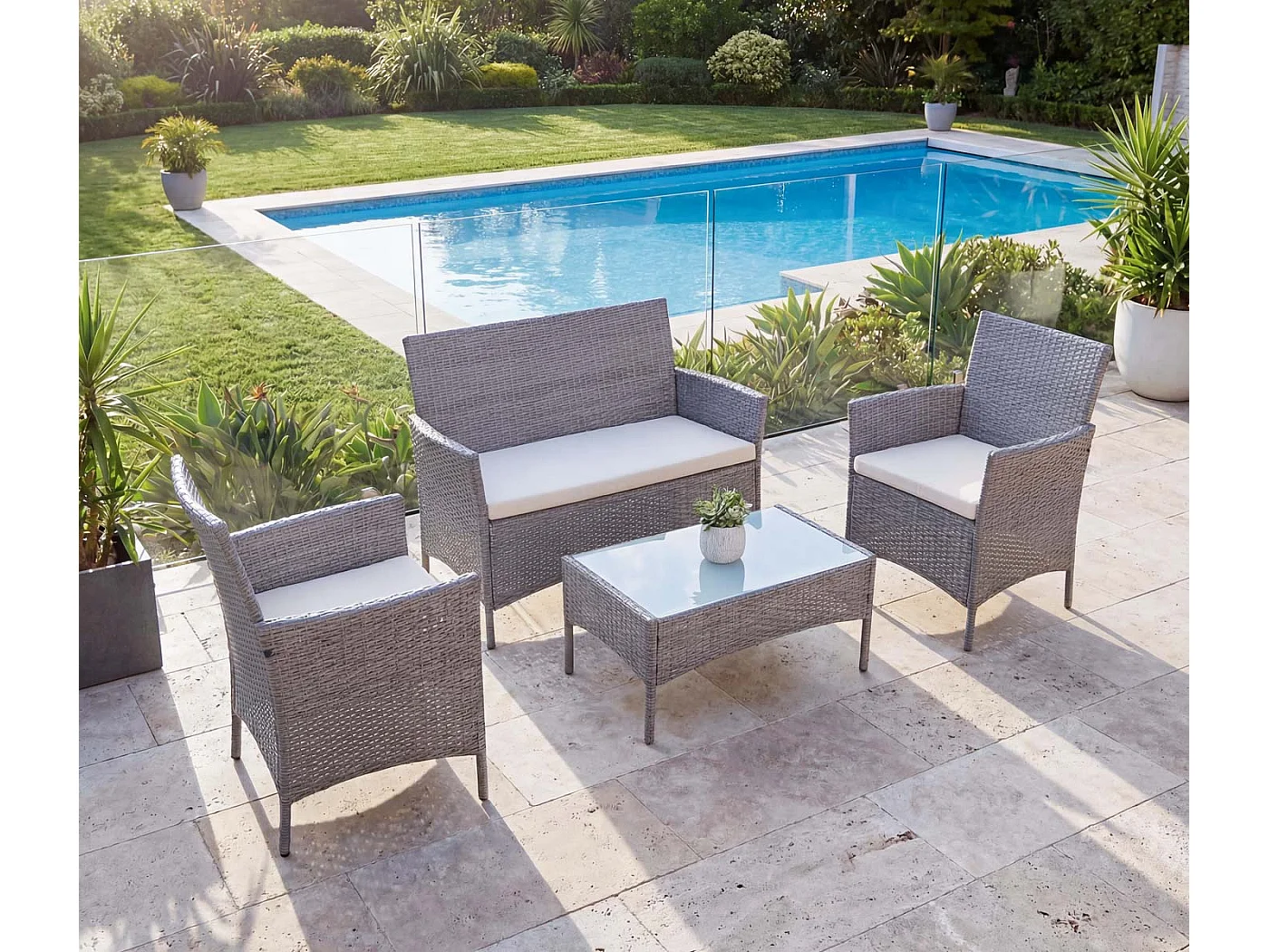 Zestaw ogrodowy Hamar (4 elementy),  szary, poduszki kremowe