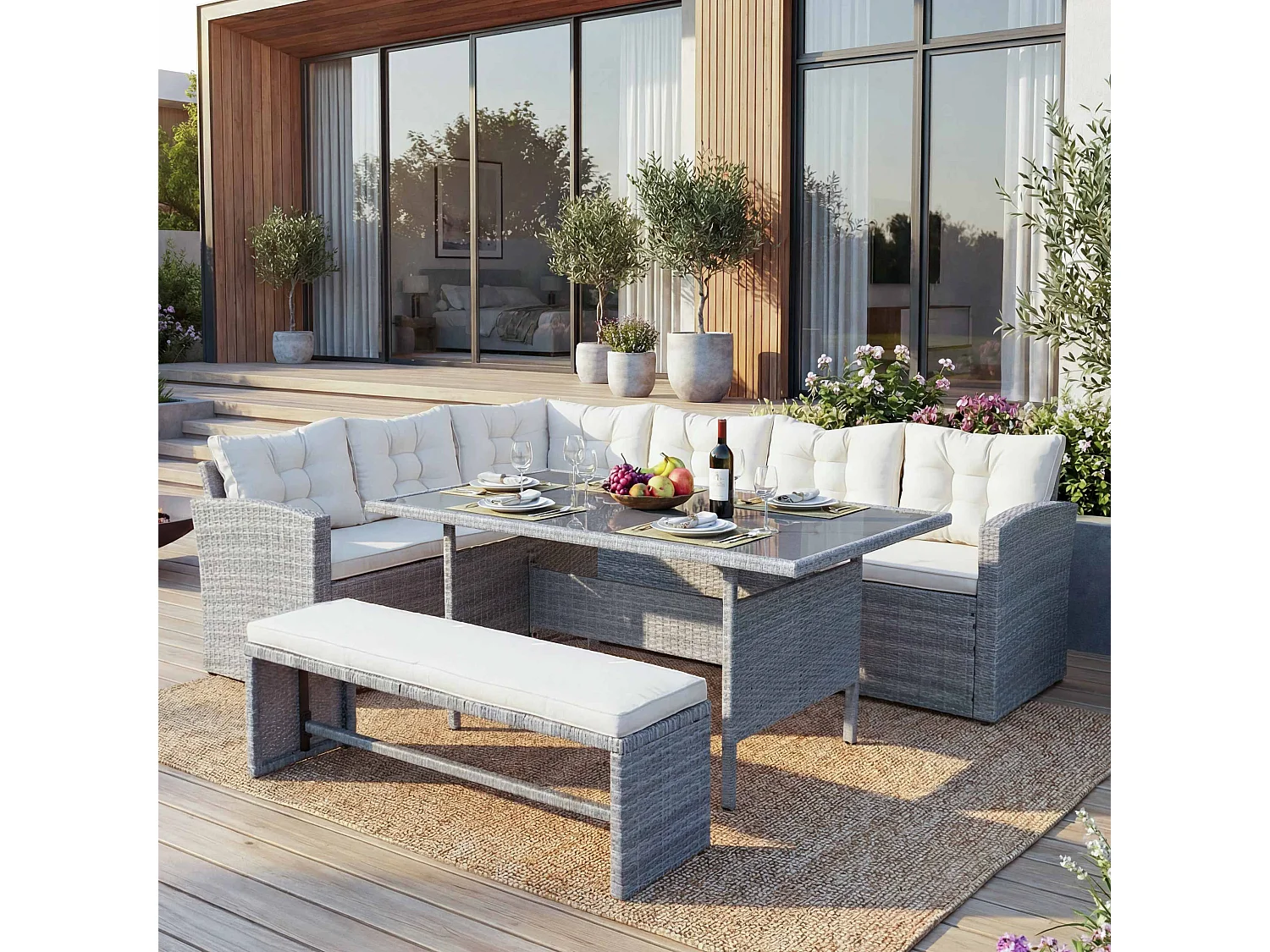 Zestaw z polirattanowym wykończeniem MCW-A29,  jasnoszary, poduszki w kolorze kremowym + ławka