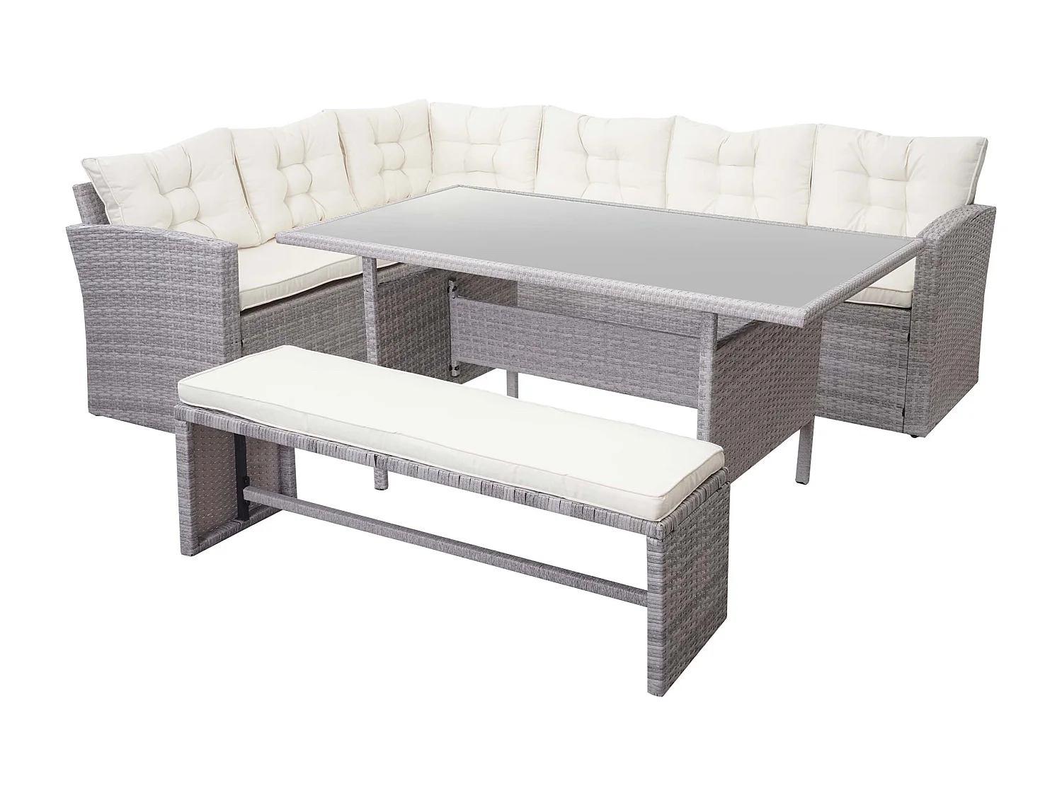 Zestaw z polirattanowym wykończeniem MCW-A29,  jasnoszary, poduszki w kolorze kremowym + ławka