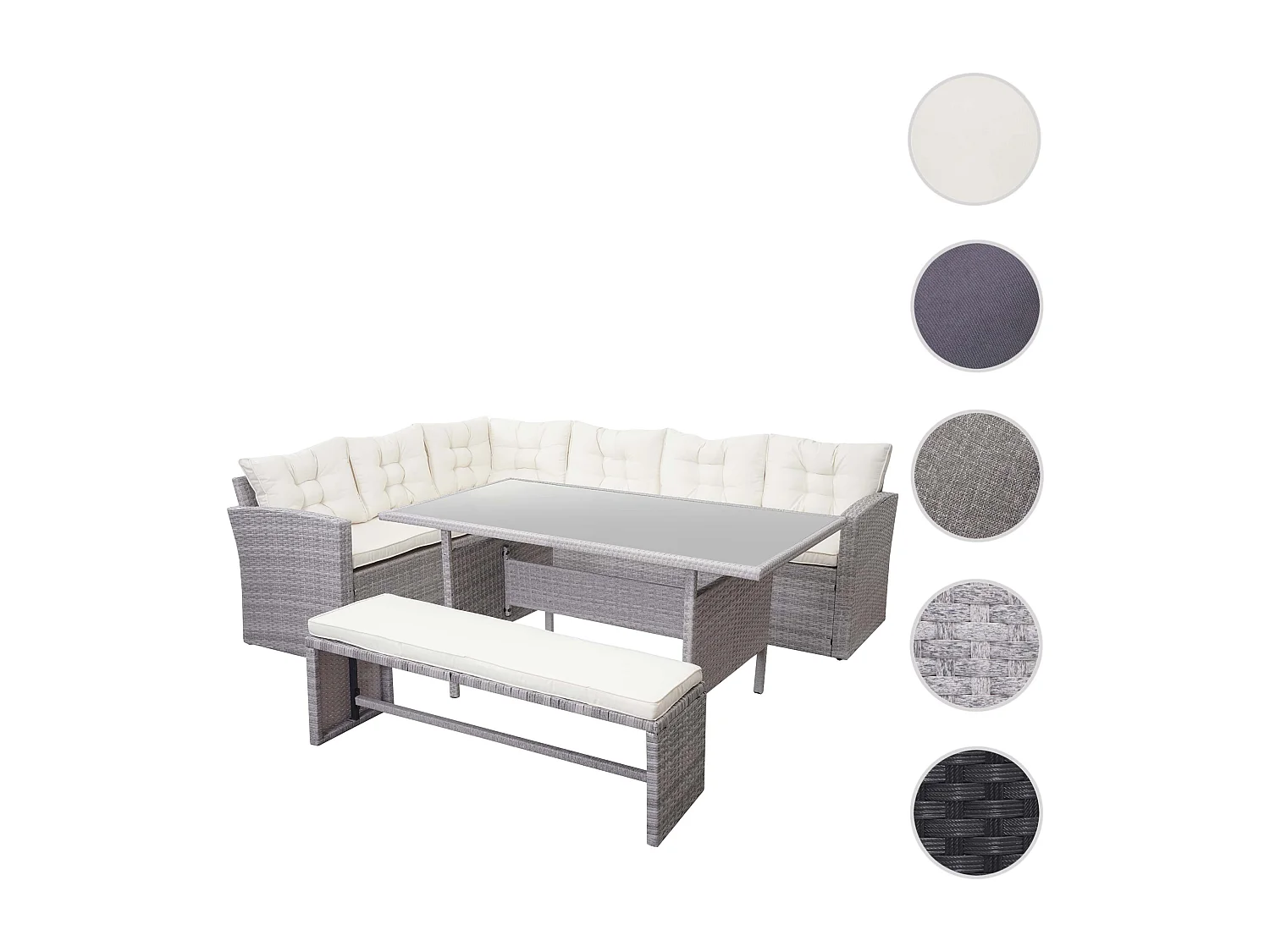 Zestaw z polirattanowym wykończeniem MCW-A29,  jasnoszary, poduszki w kolorze kremowym + ławka