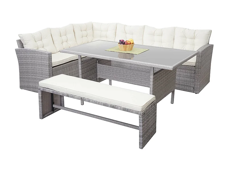 Poly-Rattan-Garnitur MCW-A29, Hellgrau, Kissen creme + Bank