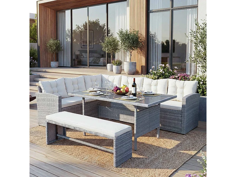 Polyrotan-set MCW-A29,  lichtgrijs, kussens crème + bank