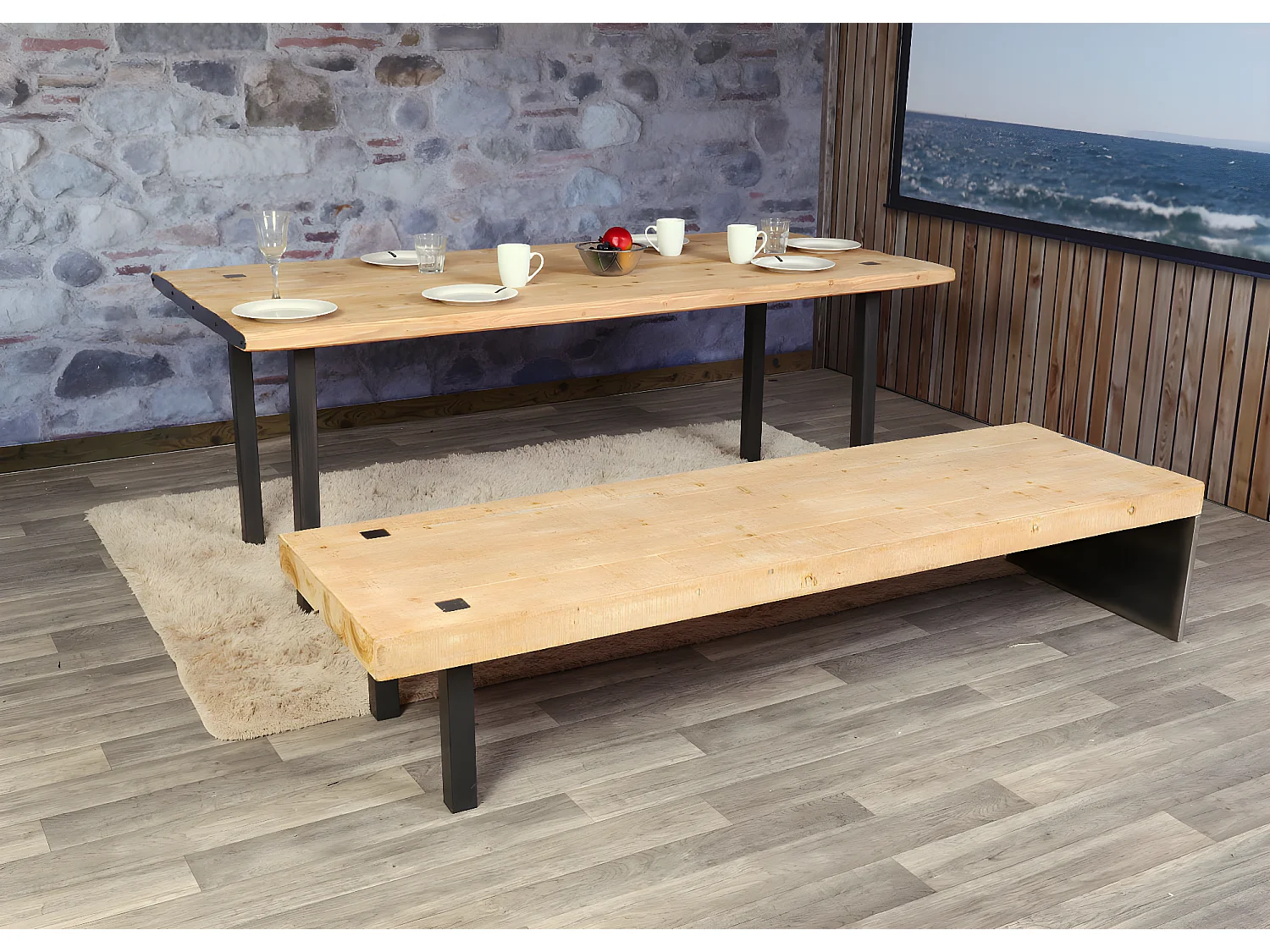 Set tavolo con panca sala da pranzo soggiorno MCW-L75 200cm ferro legno chiaro e nero