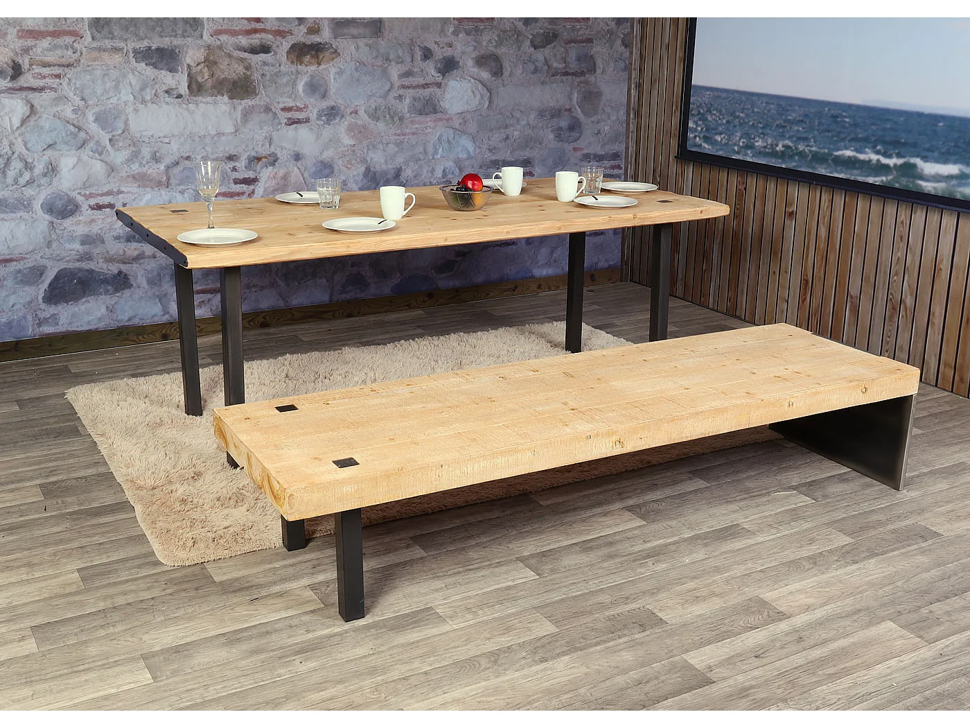 Sitzbank MCW-L75, Esszimmerbank Bank Garderobenbank, Industrial Massiv-Holz MVG-zertifiziert 200cm, natur