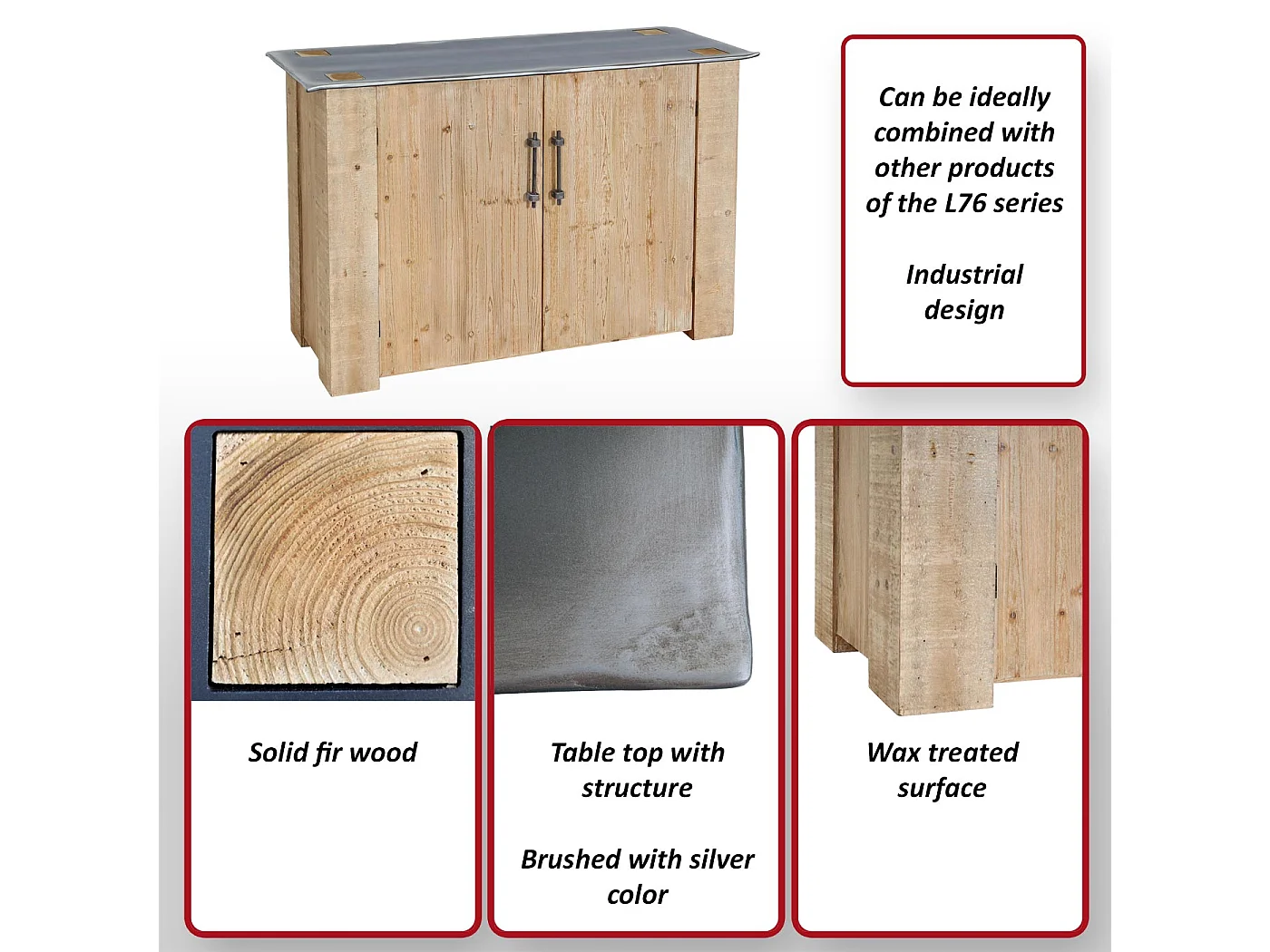 Sideboard MCW-L76, Kommode Schrank, Industrial Massiv-Holz MVG-zertifiziert 80x120x48cm, natur mit Metall-Optik