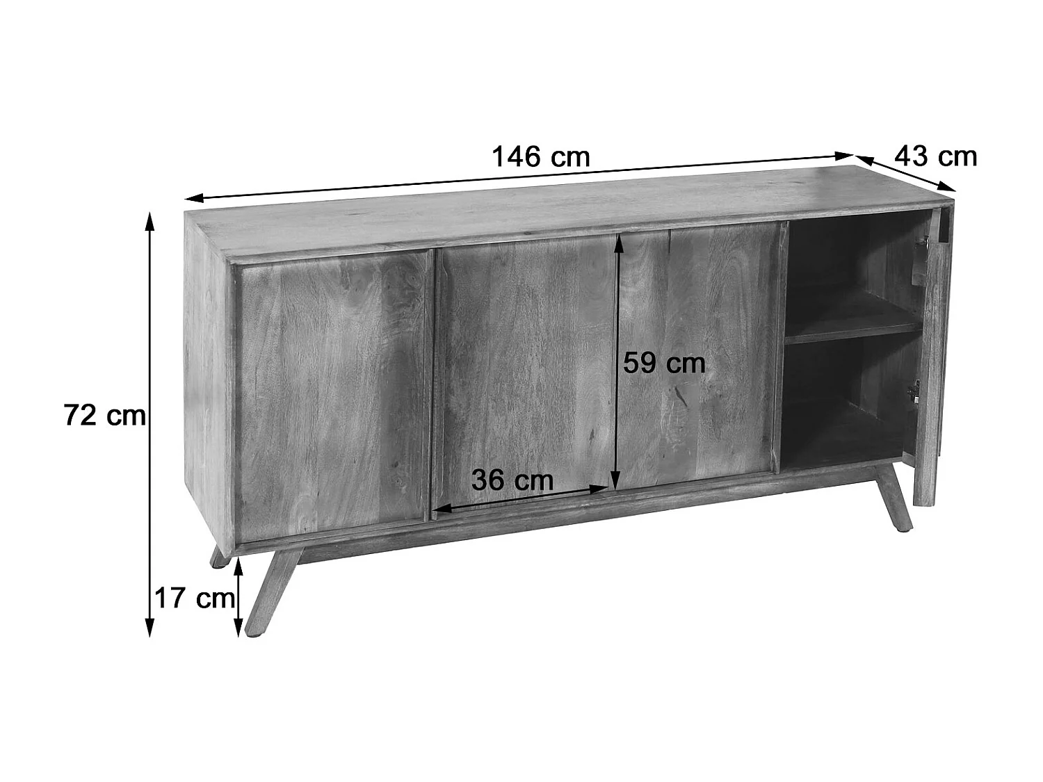Sideboard MCW-L96, Kommode Schrank Anrichte, 4 Fächer und 4 Regalböden, Massiv-Holz Mango 72x146x43cm MVG, natur