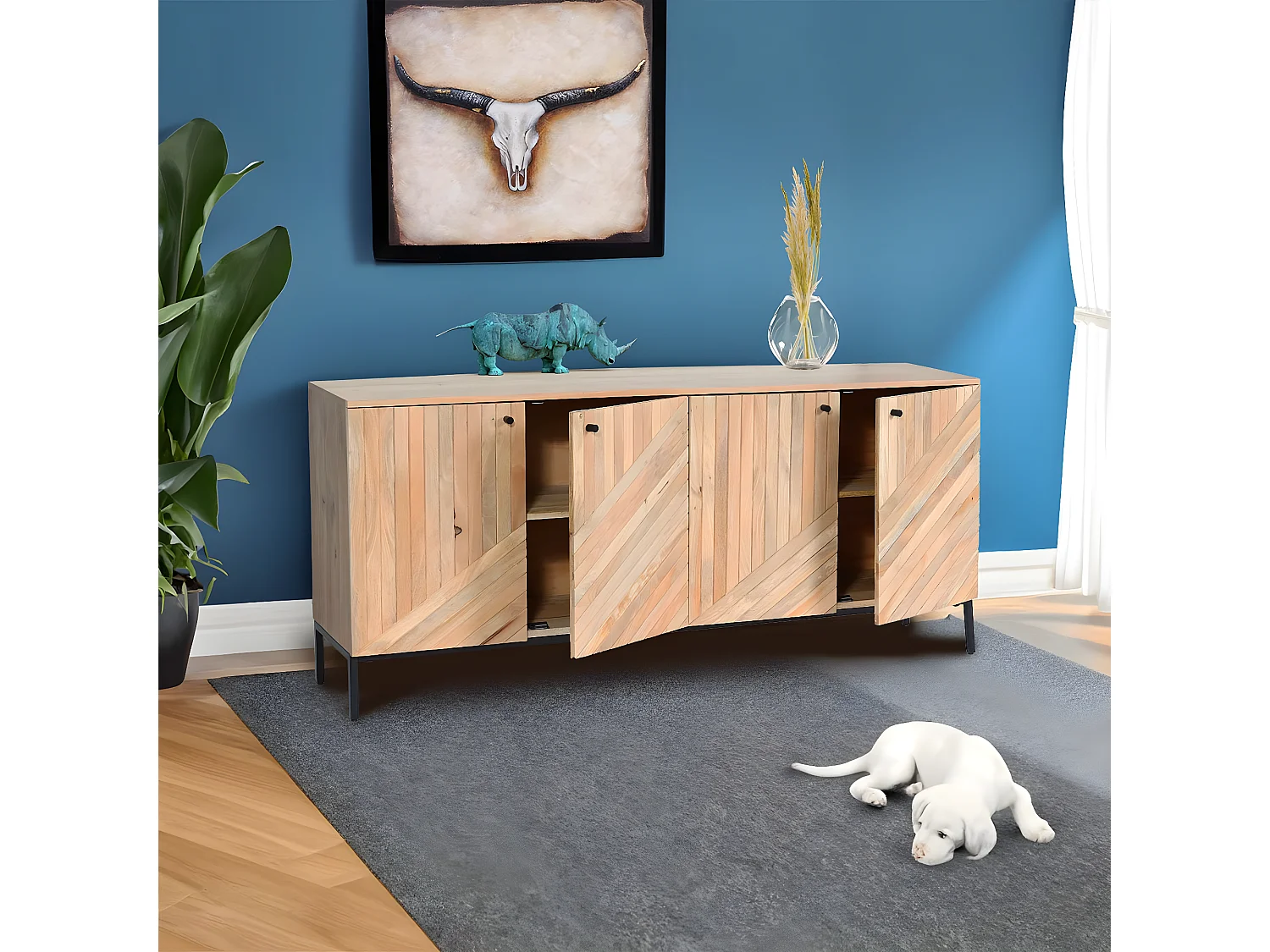 Credenza armadietto sideboard MCW-L95 metallo legno di mango 79x176x42cm colore naturale