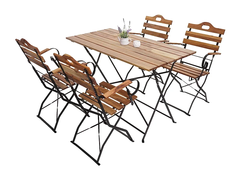 Set tavolo con 4x sedie pieghevoli da esterno MCW-J40 acciaio legno di acacia legno chiaro