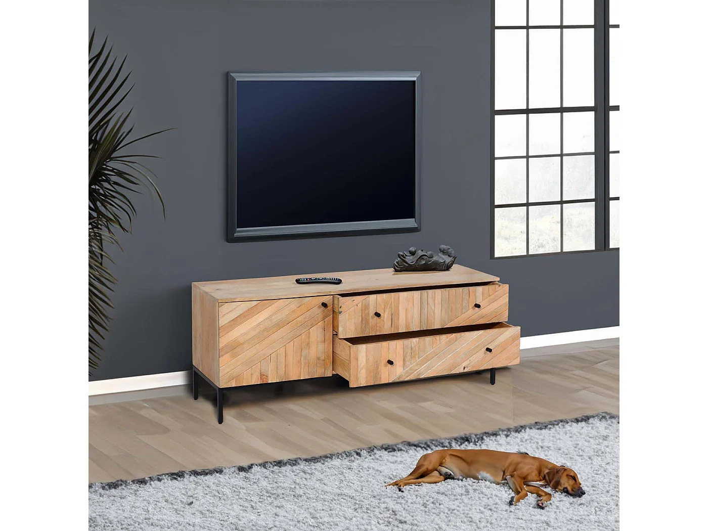 Porta TV lowboard mobile salotto MCW-L95 cassetti legno di mango colore naturale