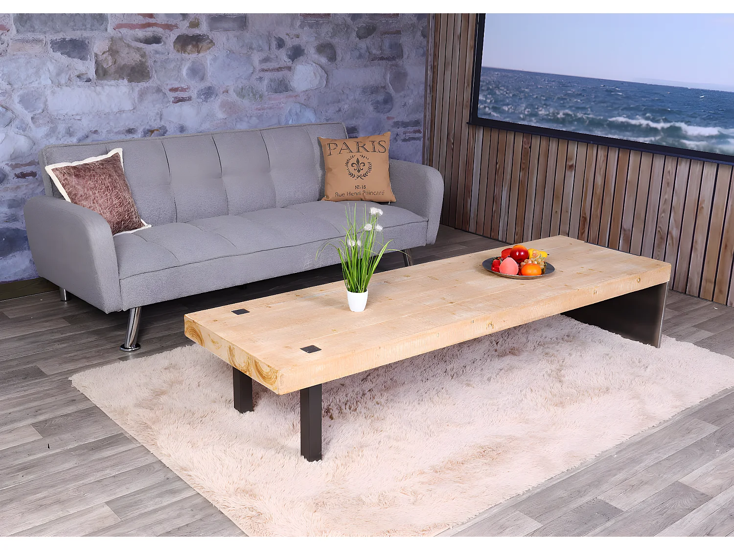 Mobile tavolo tavolino porta TV MCW-L75 40x200x60cm ferro legno chiaro e nero