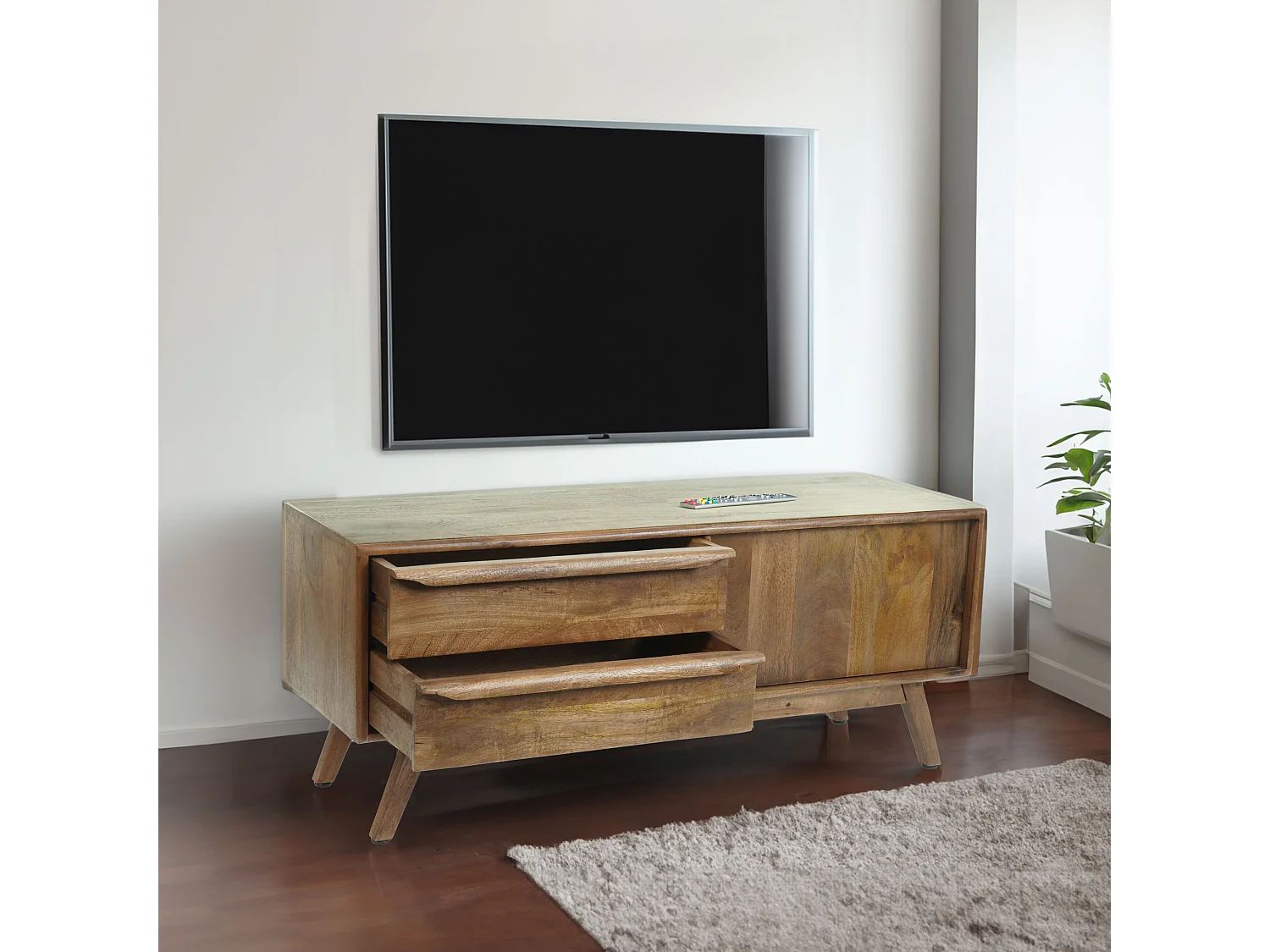 Porta TV lowboard mobile salotto MCW-L96 cassetti legno di mango colore noce