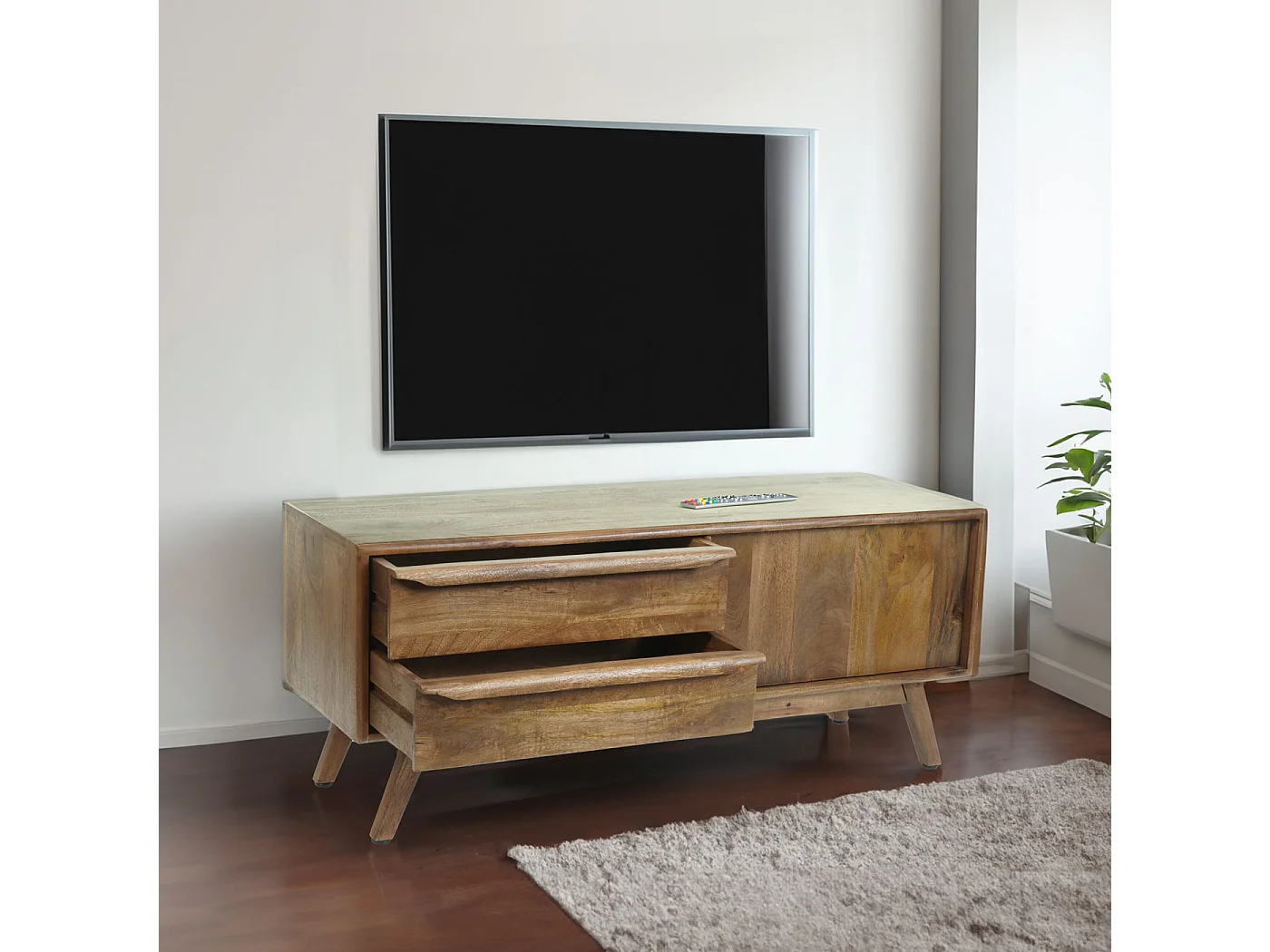 Porta TV lowboard mobile salotto MCW-L96 cassetti legno di mango colore noce