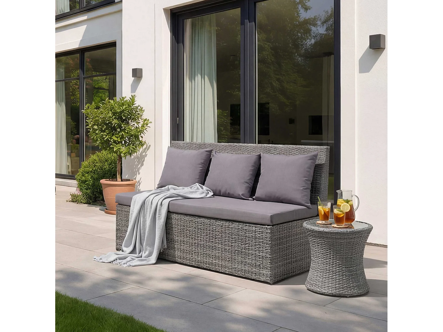 Sofa dwuosobowa z rattanu syntetycznego MCW-G16,  szara, poduszki ciemnoszare