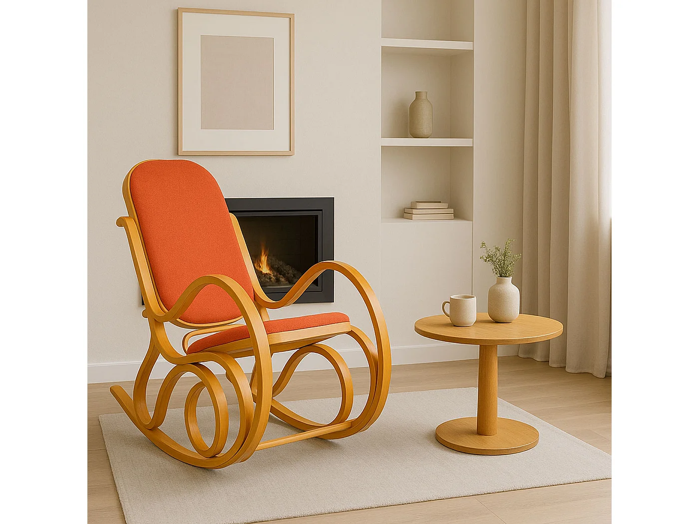 Sedia a dondolo classica elegante M41 legno chiaro seduta tessuto arancione