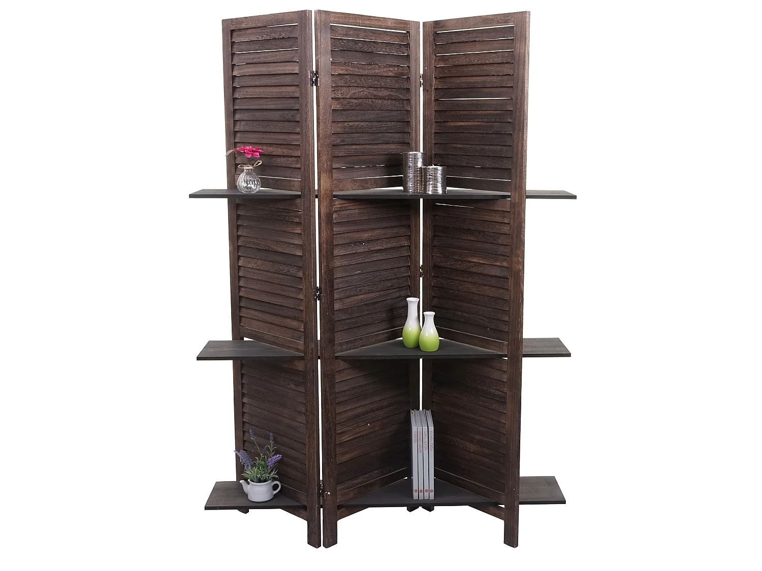 Paravento divisore separe con ripiani Yvelines T752 3 pannelli legno paulonia marrone