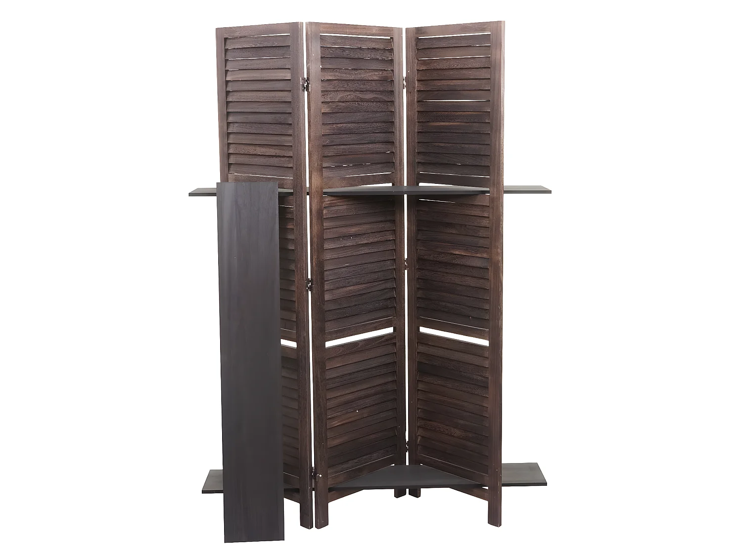 Paravento divisore separe con ripiani Yvelines T752 3 pannelli legno paulonia marrone