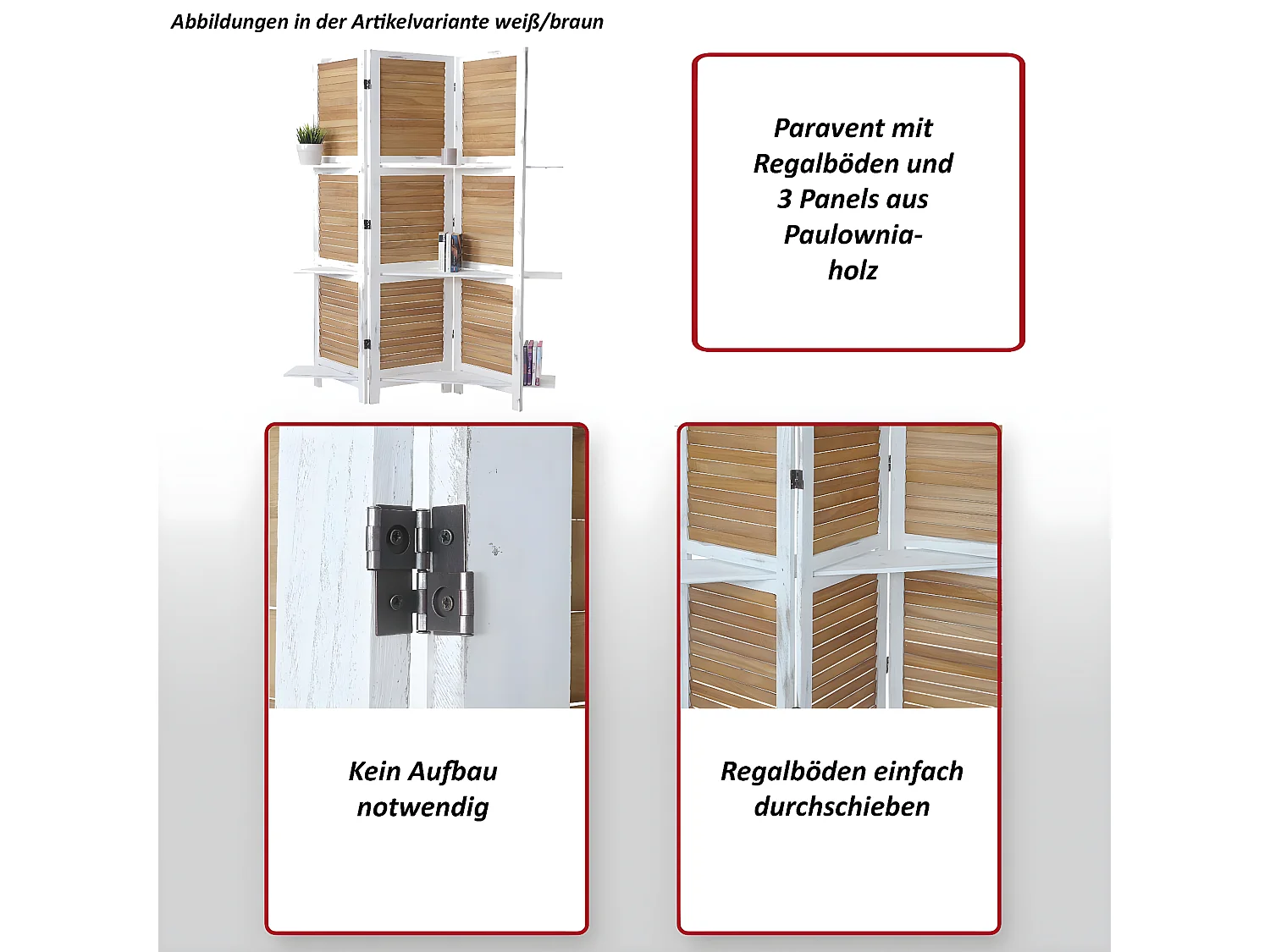 Paravento divisore separe con ripiani Yvelines T752 3 pannelli legno paulonia marrone