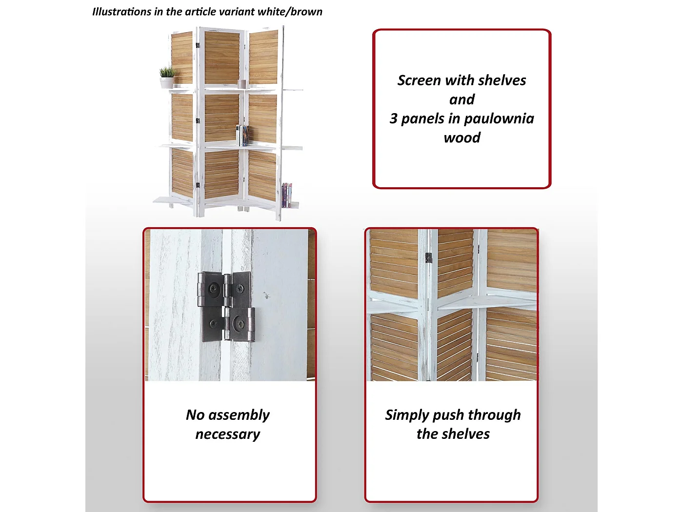 Paravento divisore separe con ripiani Yvelines T752 3 pannelli legno paulonia marrone