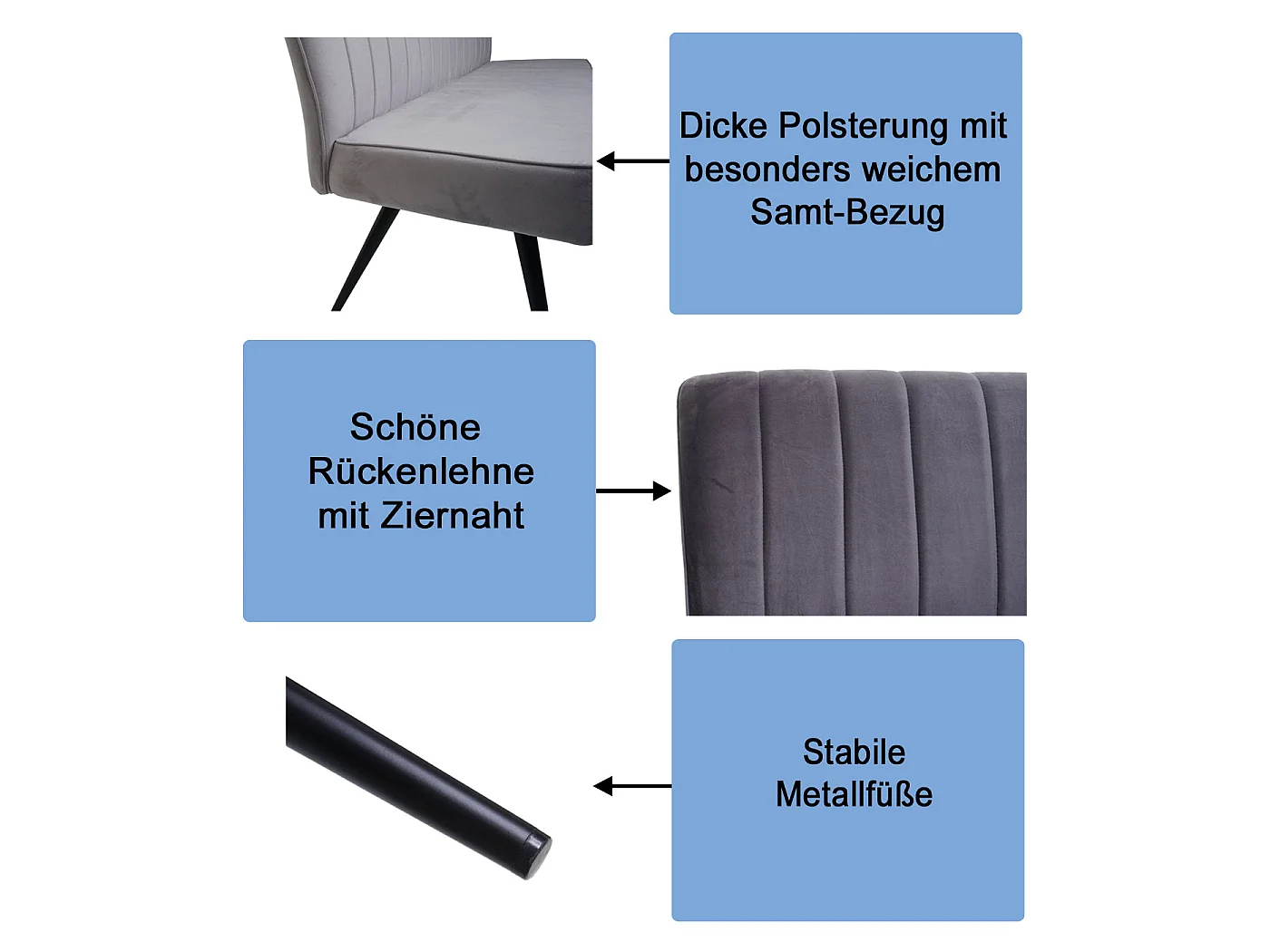 Panca panchina da interni 160cm MCW-K16 3 posti ferro velluto grigio chiaro