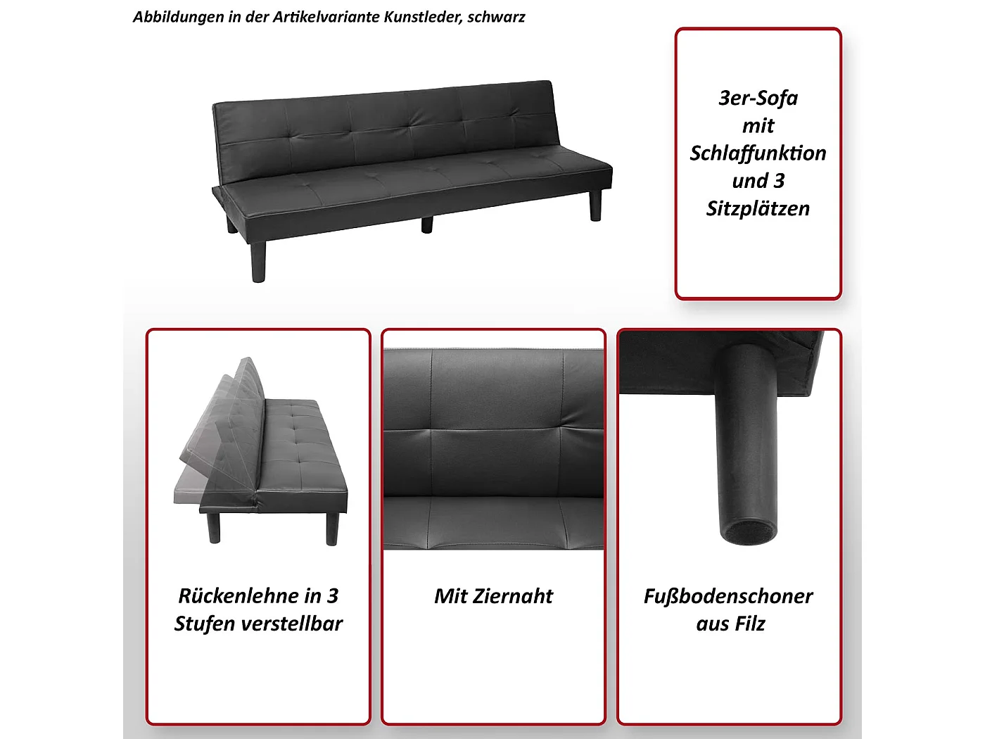 3er-Sofa MCW-G11, Kunstleder, schwarz