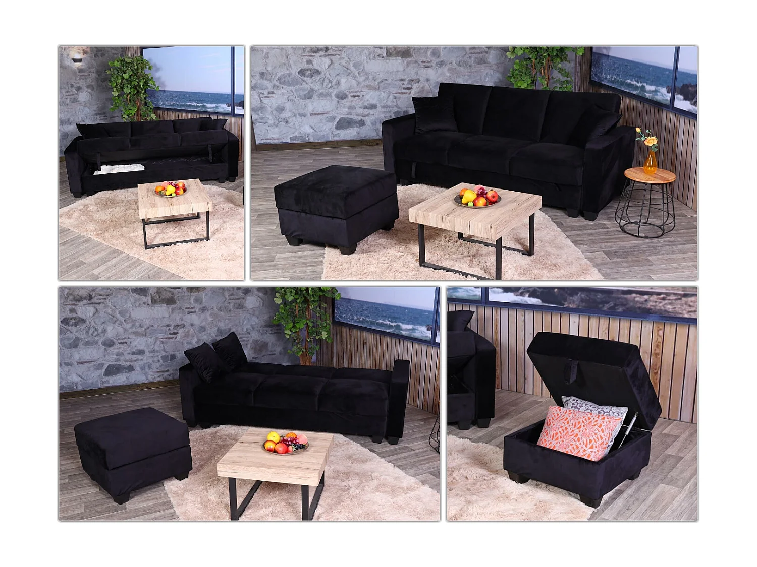 Sofa MCW-H47 met voetenbank,  fluweel zwart