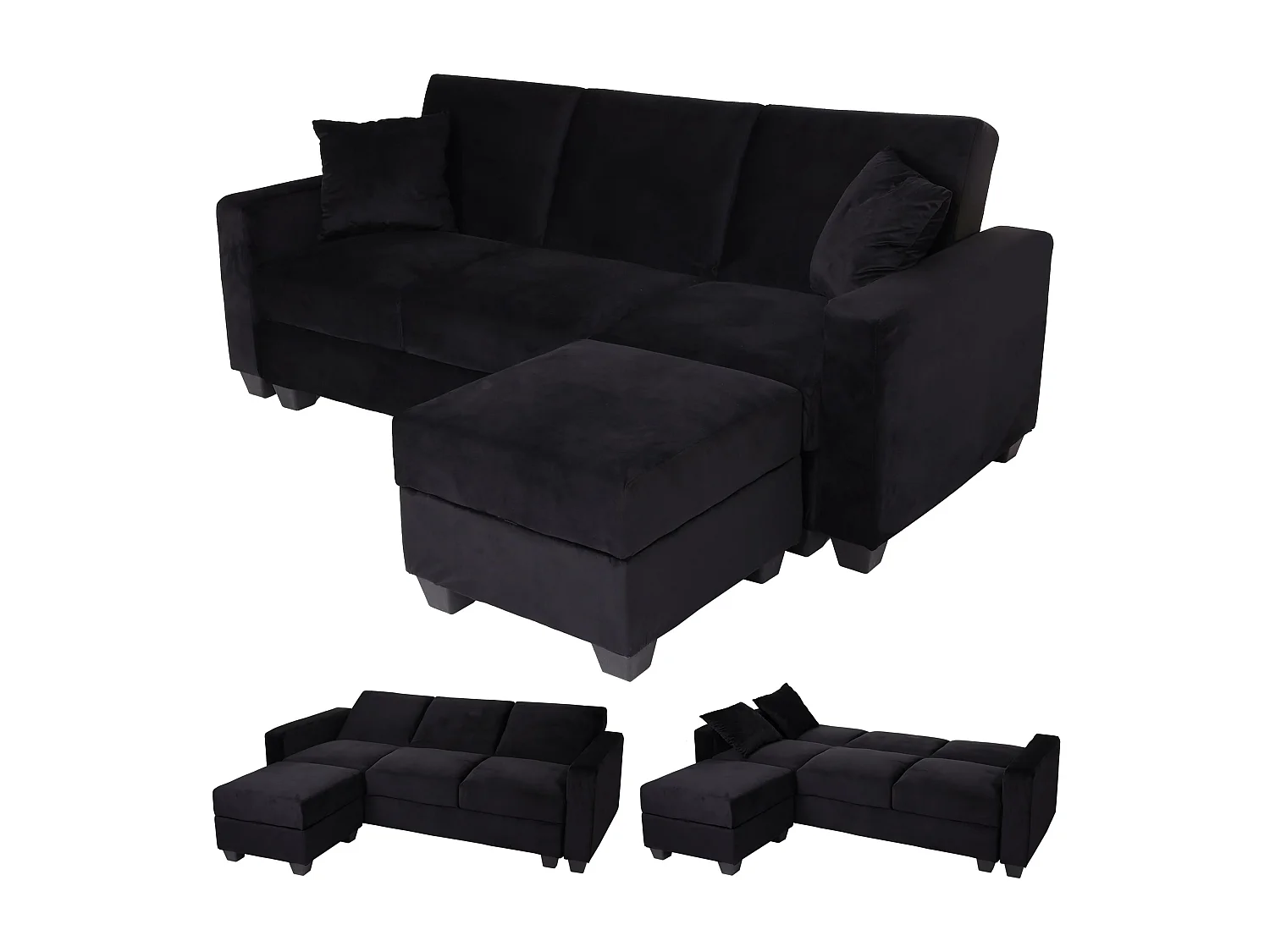 Sofa MCW-H47 z otomaną,  aksamitny czarny