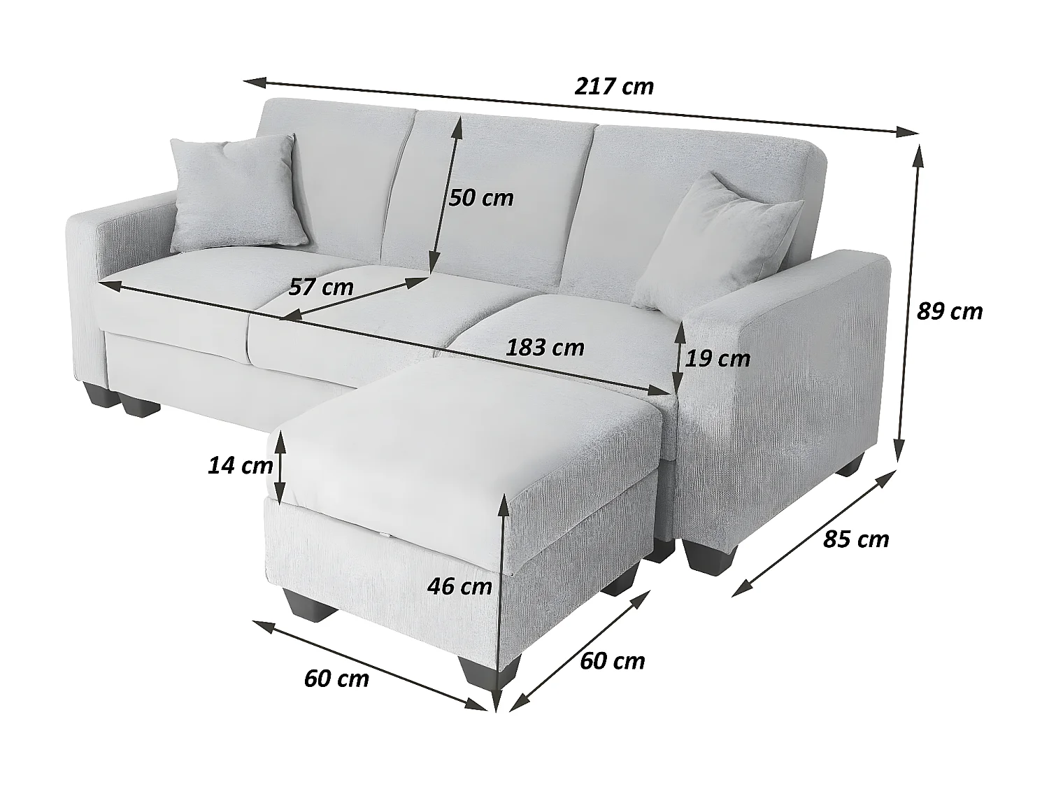 Sofa MCW-H47 z otomaną,  aksamitny czarny