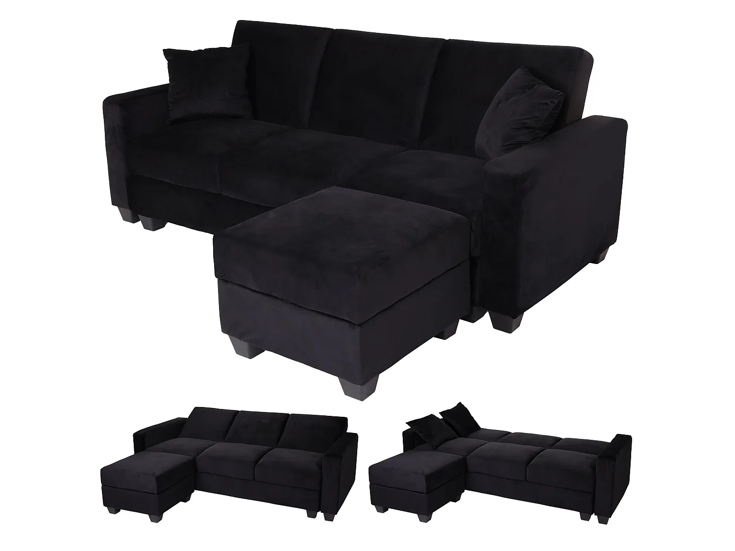 Sofa MCW-H47 mit Ottomane, Samt schwarz