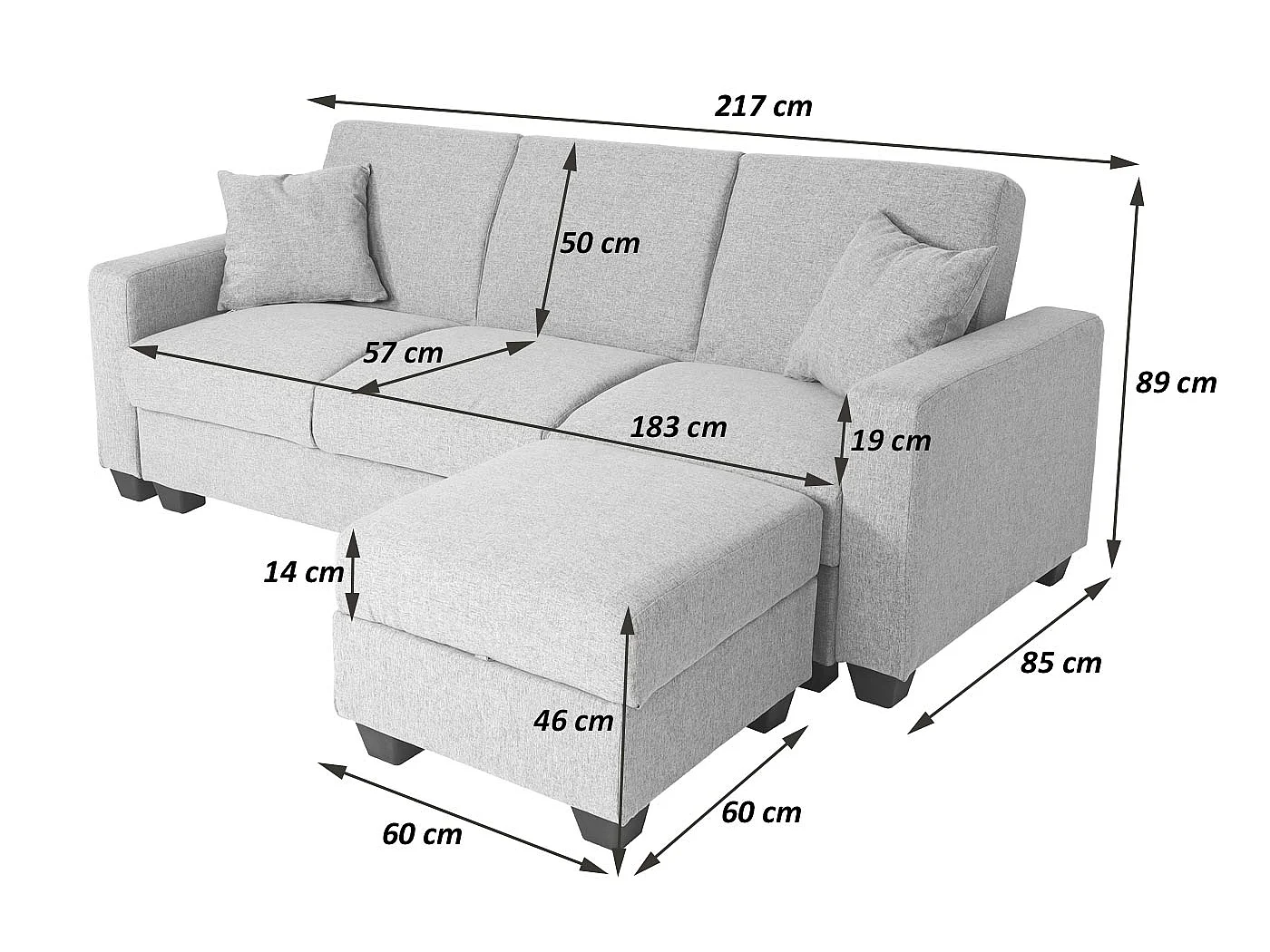 Sofa MCW-H47 mit Ottomane, Samt schwarz