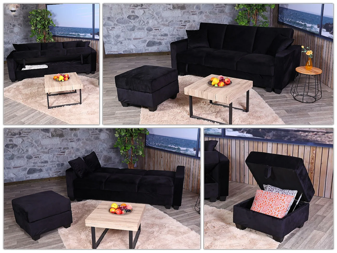 Sofa MCW-H47 mit Ottomane, Samt schwarz