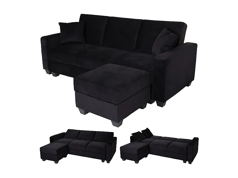 Sofa MCW-H47 mit Ottomane, Samt schwarz