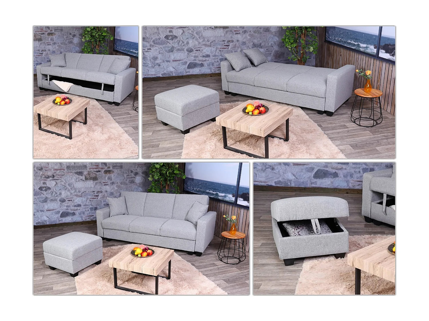 Divano letto angolare contenitore con penisola sofà reclinabile MCW-H47 legno tessuto grigio chiaro