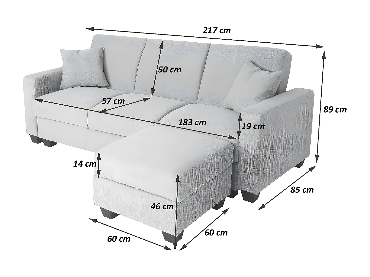 Sofa MCW-H47 z otomaną,  tkanina/tekstylia jasnoszary