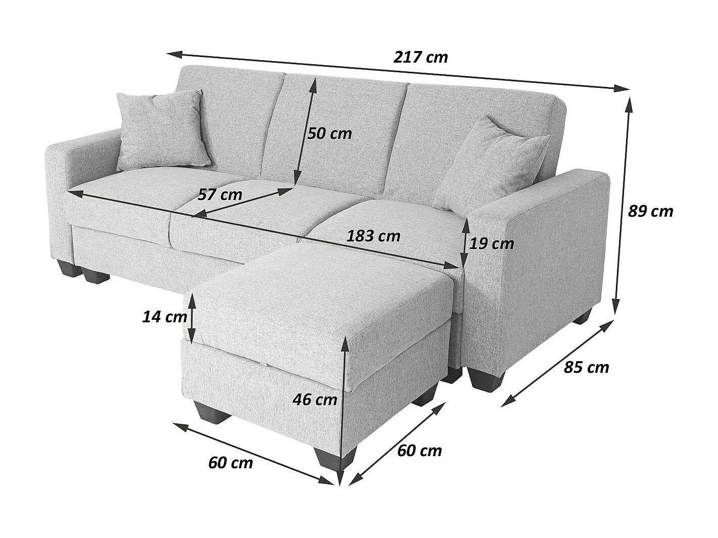 MCW-H47 sofa with ottoman,  light grey fabric/textile