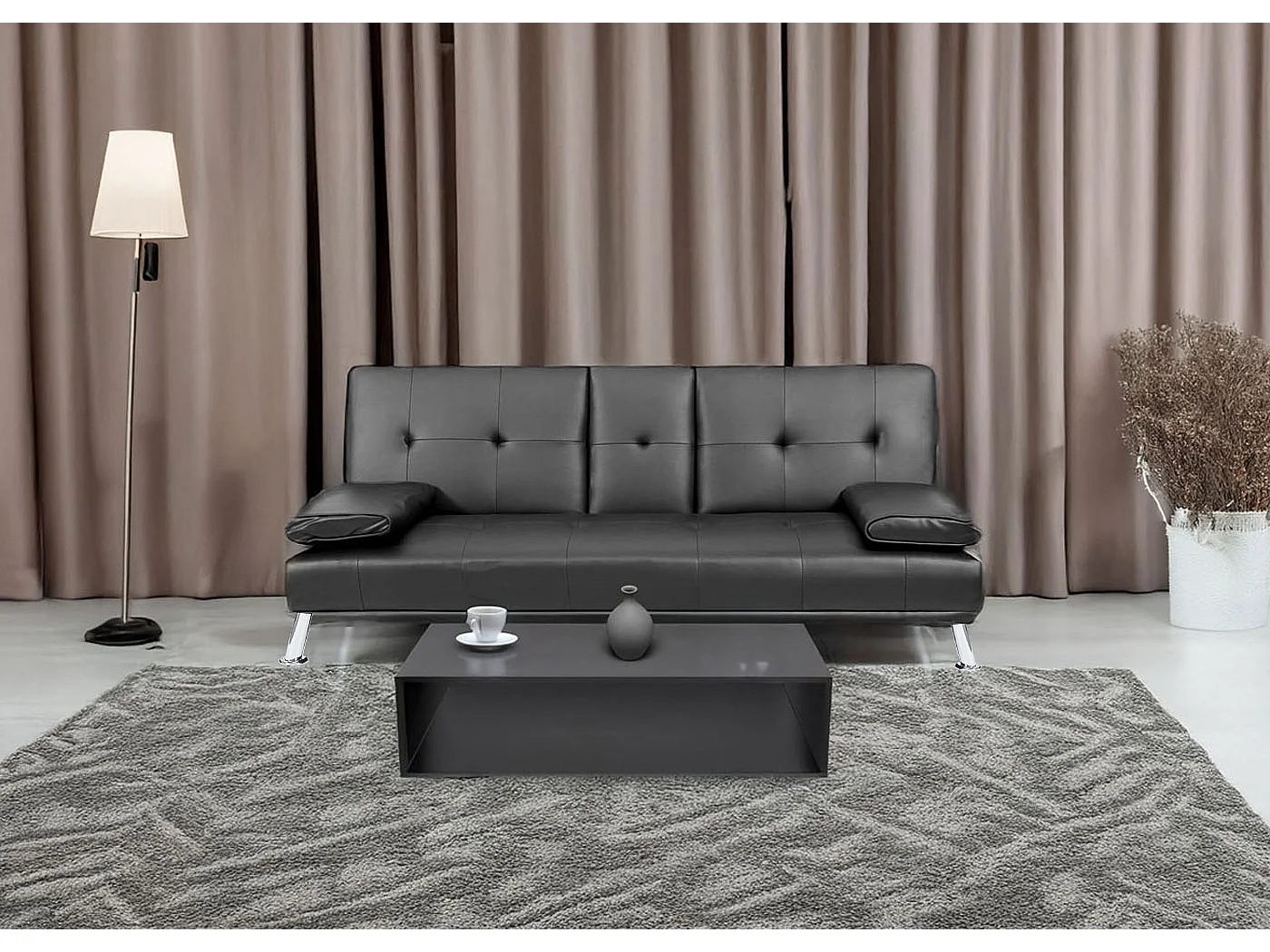 3-osobowa sofa MCW-F60,  imitacja skóry, czarny