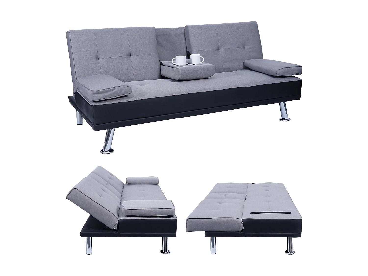 3-osobowa sofa MCW-F60,  imitacja skóry/tekstylia, czarny/jasnoszary