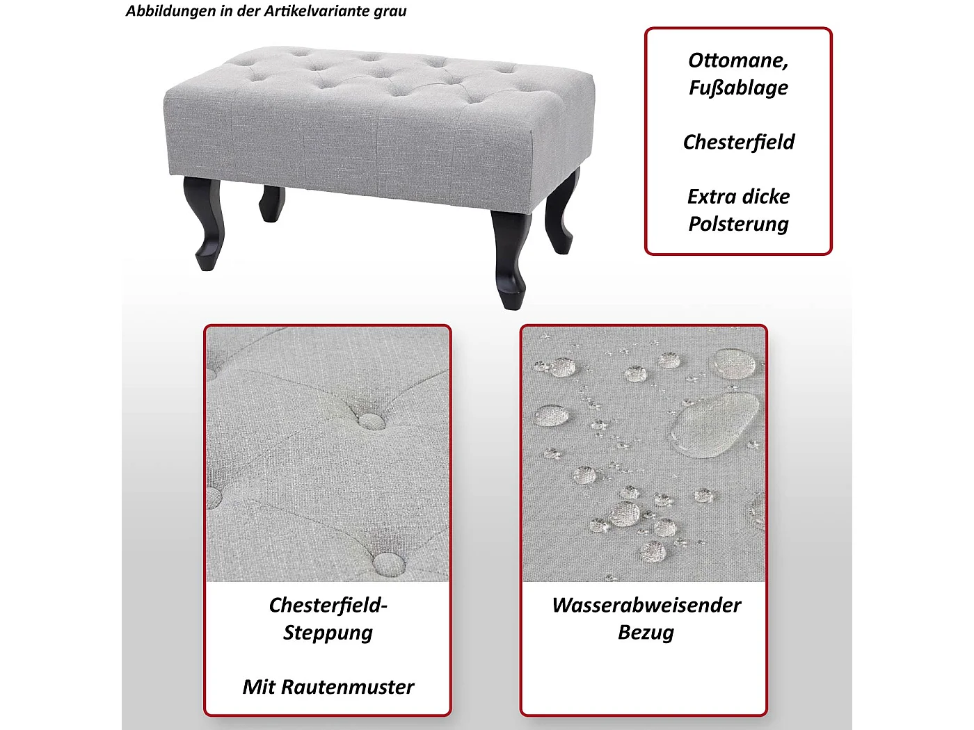 Pouf poggiapiedi ottomano stile vittoriano Chesterfield 39x77x47cm tessuto grigio sabbia