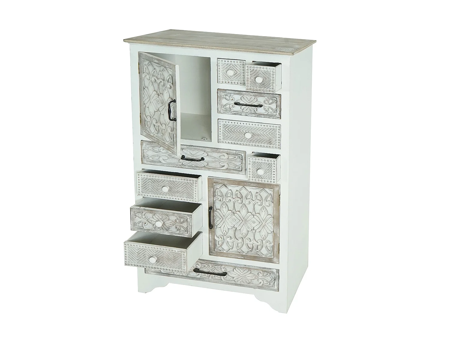 Komoda MCW-J48, Komoda apteczna MCW-J48, komoda z szufladami, drewniane szuflady, shabby look vintage 150x81x40cm, biało-brązowa