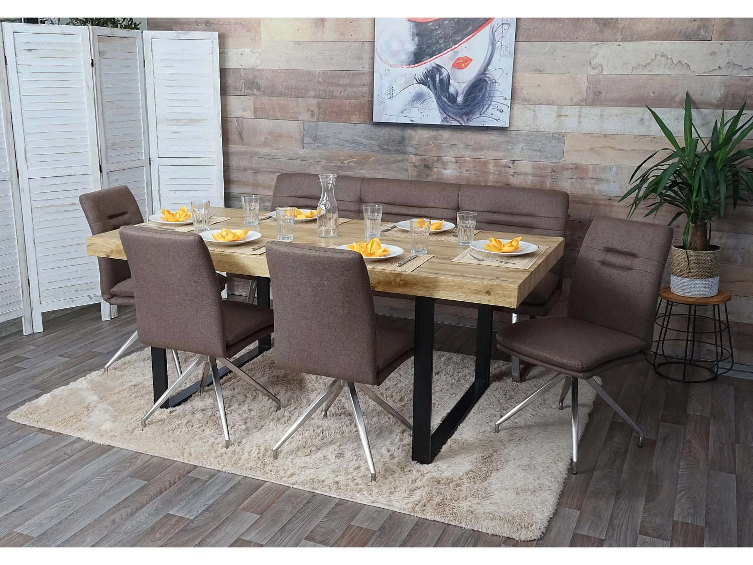 Set panca con 4x sedie sala pranzo soggiorno cucina MCW-H70 tessuto acciaio inox marrone 180cm