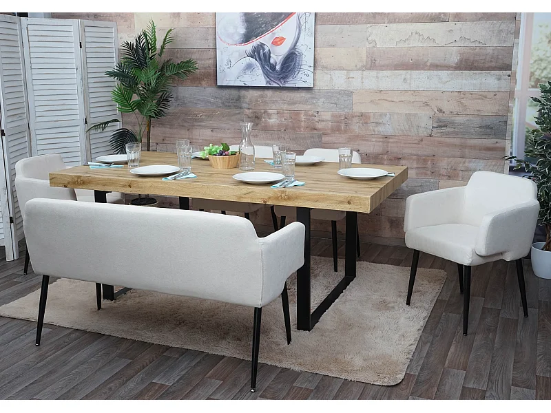 Set 4x sedie con braccioli e panca da interni elegante moderno MCW-L13 legno tessuto avorio bianco